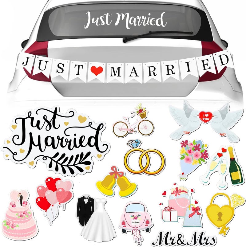 Konohan 16 Pcs Just Married Car Decorations Include 14 Assorted Ornate Car Magnets Just Married Window Decal and Cardstock Sign Banner Wedding Decorations for Bridal Shower Honeymoon Photo Props - Image 1